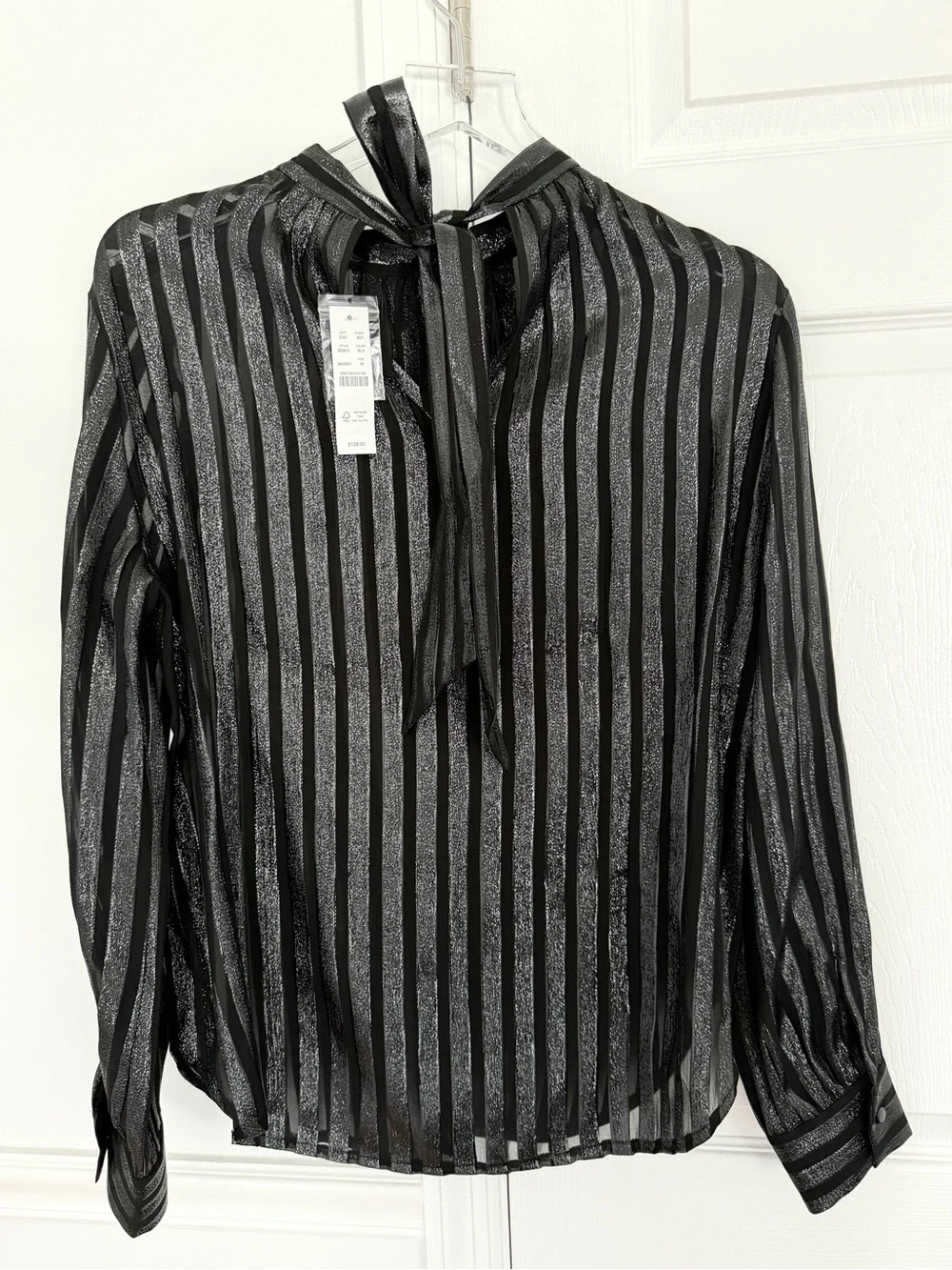 J.Crew Black Metallic chiffon mockneck top sheer Stripes back tie size M New